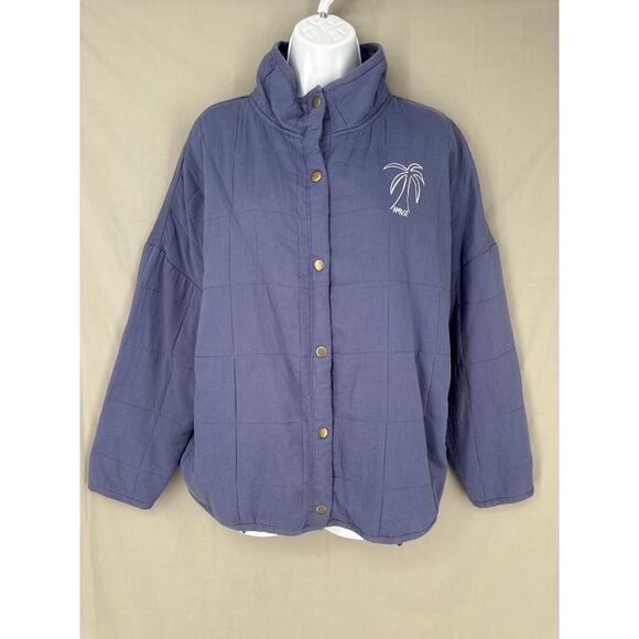 Amuse Society Jacket Women Small Blue Chore Quilted Beachy Palm Tree Snap - Picture 1 of 8